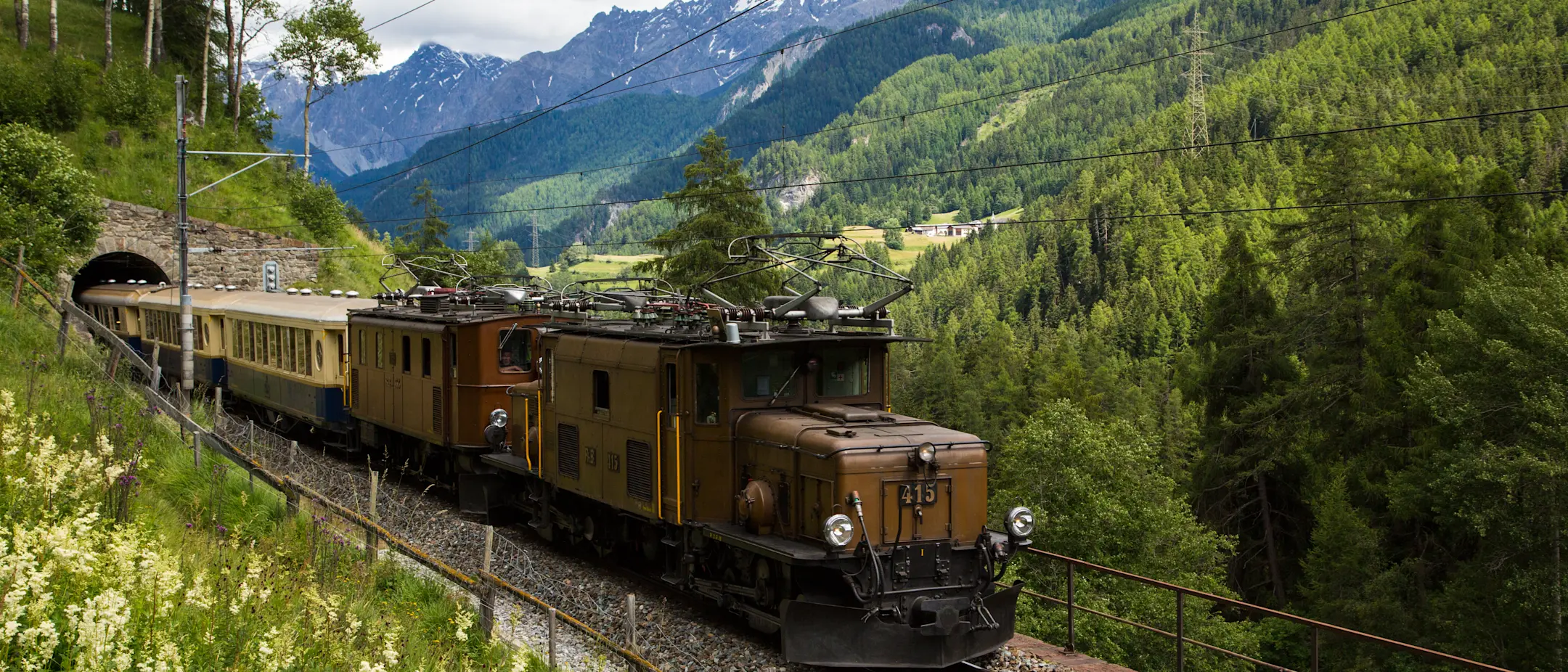 Historische Krokodil-Lokomotive zieht einen Nostalgiezug aus einem Tunnel, eingebettet in grüne Berglandschaft.