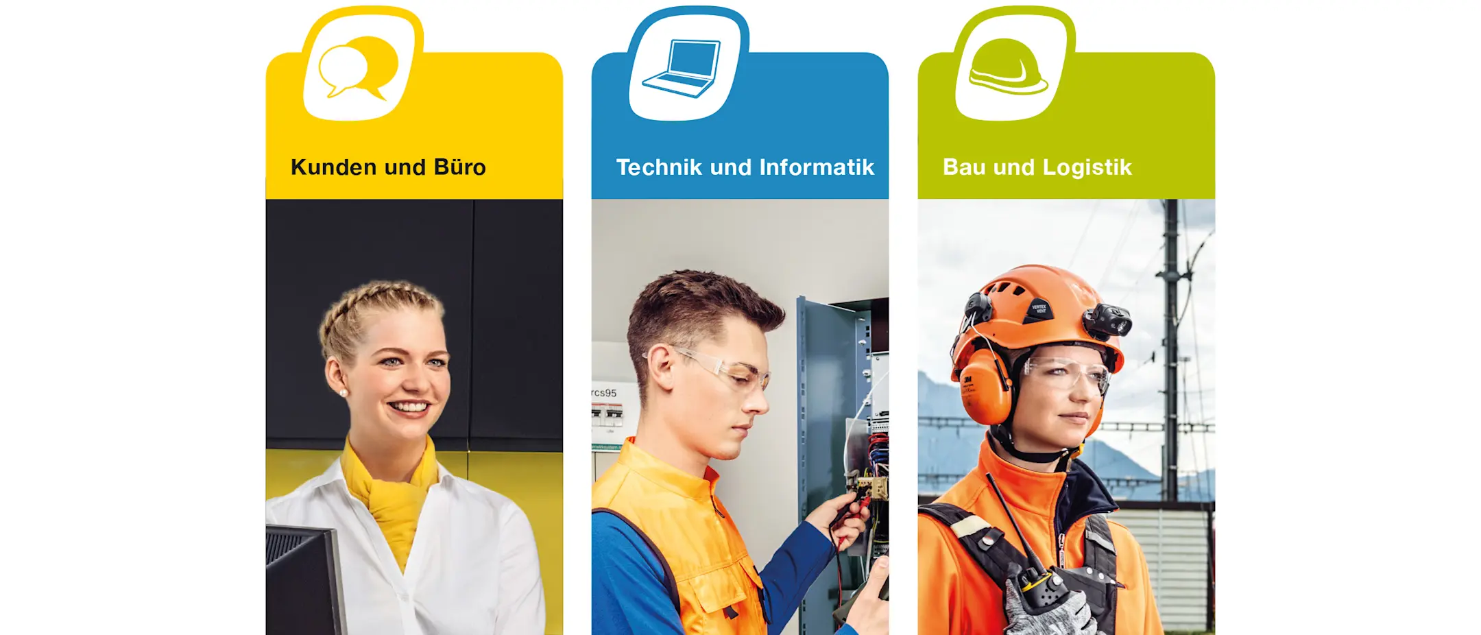 Werbung für den Berufswahltag 2018 der RhB mit den Berufswelten Kunden und Büro, Technik und Informatik und Bau und Logistik.