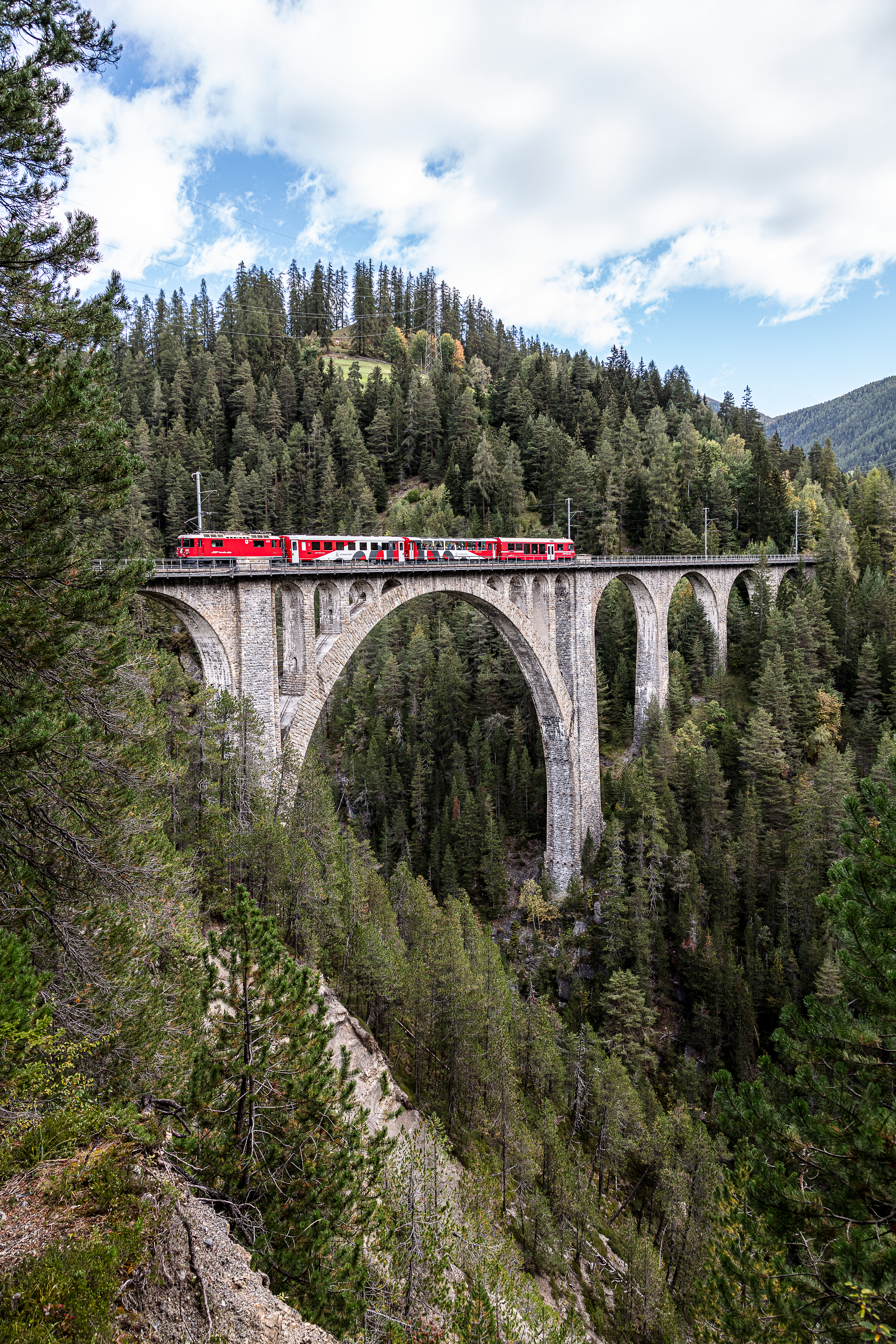Der Blick von der Aussichtsplattform Coray auf einen Zug auf dem Wiesnerviadukt
