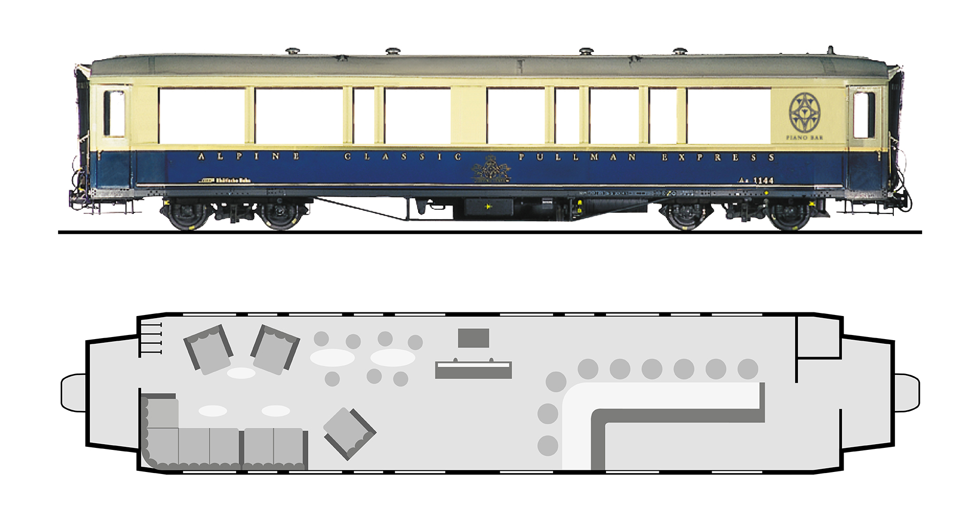 Sitzplatzanordnung und Aussenansicht von der Piano Bar.