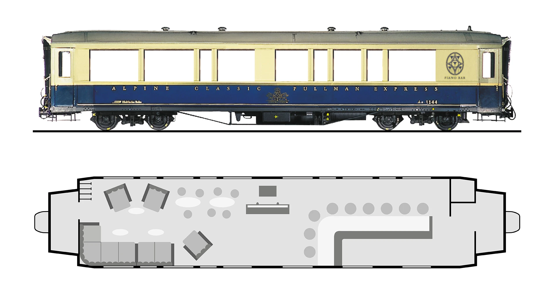 Sitzplatzanordnung und Aussenansicht von der Piano Bar.