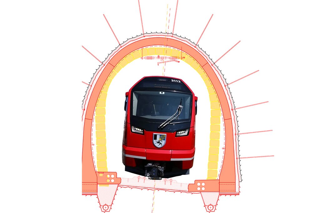 Alter und neuer Tunnelquerschnitt mit Fester Fahrbahn und Capricorn-Triebzug.
