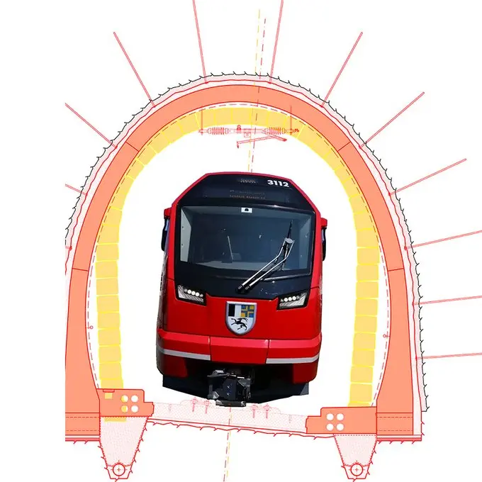 Alter und neuer Tunnelquerschnitt mit Fester Fahrbahn und Capricorn-Triebzug.
