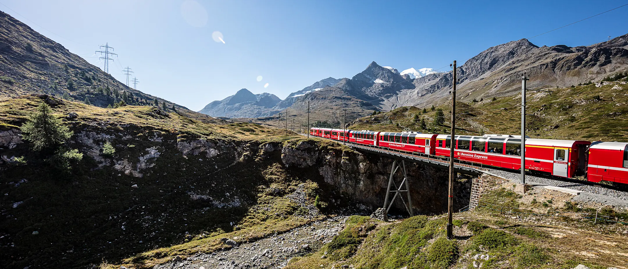 Bernina Express on the Bernina Pass near Bernina Lagalb.