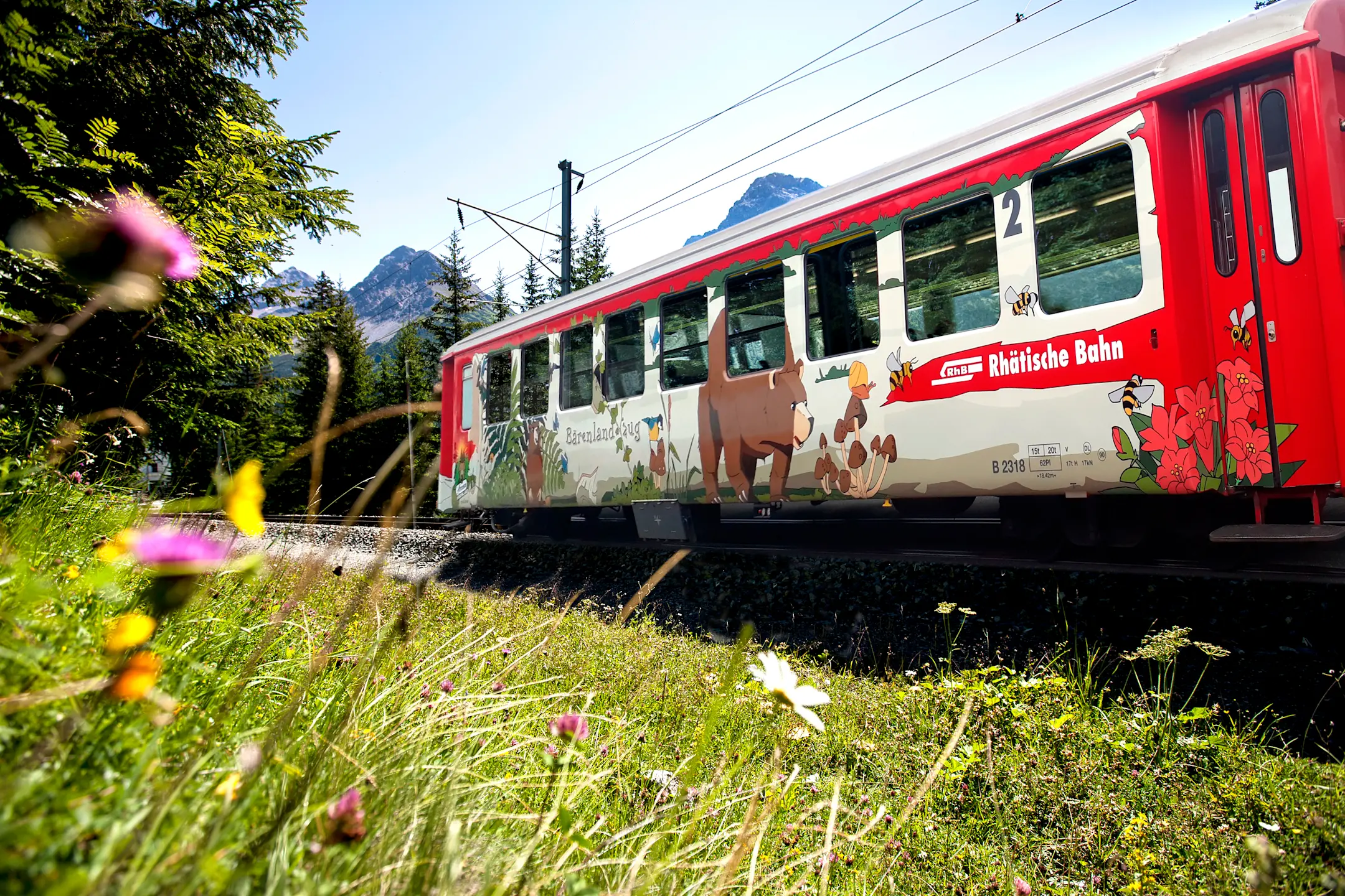 Ein bunt bemalter Wagen der Rhätischen Bahn mit Tiermotiven fährt durch eine sommerliche Berglandschaft mit Blumen.