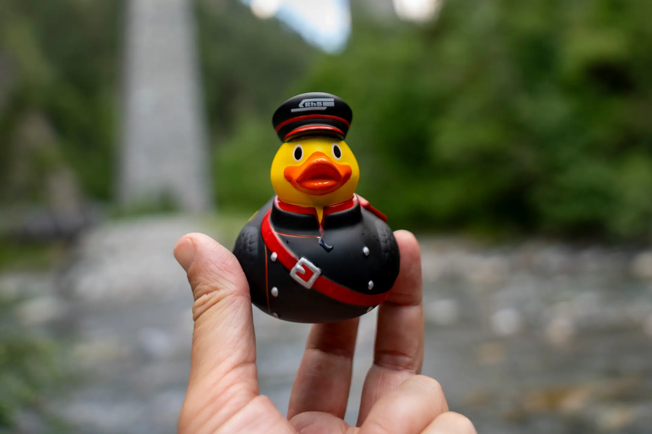Eine gelbe Badeente wird von einer Hand hochgehalten. Im Hintergrund steht der Landwasserviadukt.
