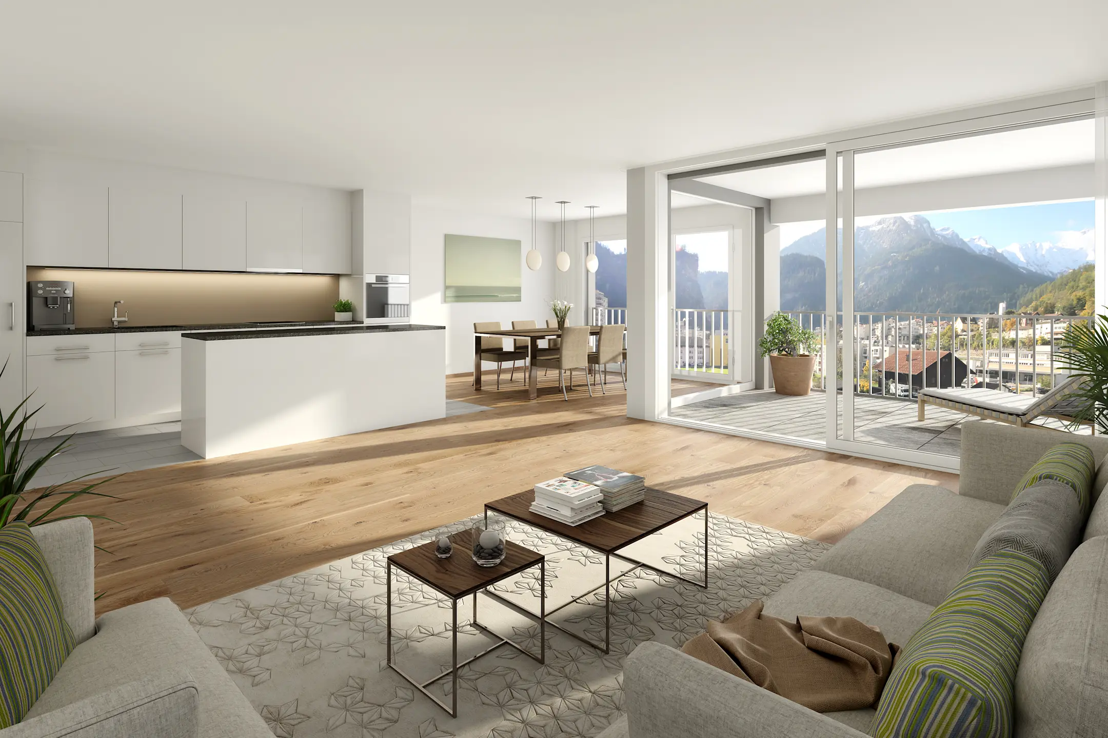 Visualisierung des Wohnzimmers einer Wohnung im Mehrfamilienhaus Compogna in Thusis.