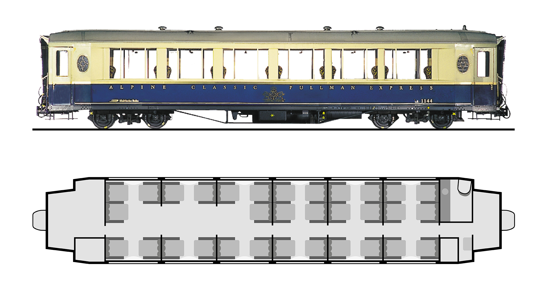Sitzplatzanordnung und Aussenansicht vom Alpine Classic Pullman Wagen