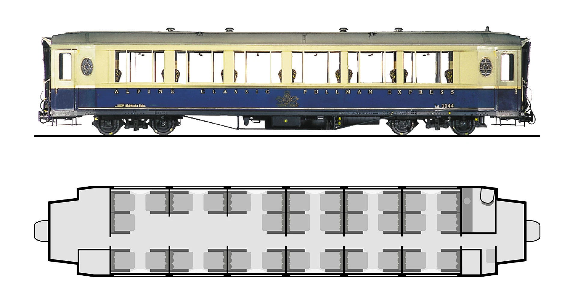 Sitzplatzanordnung und Aussenansicht vom Alpine Classic Pullman Wagen