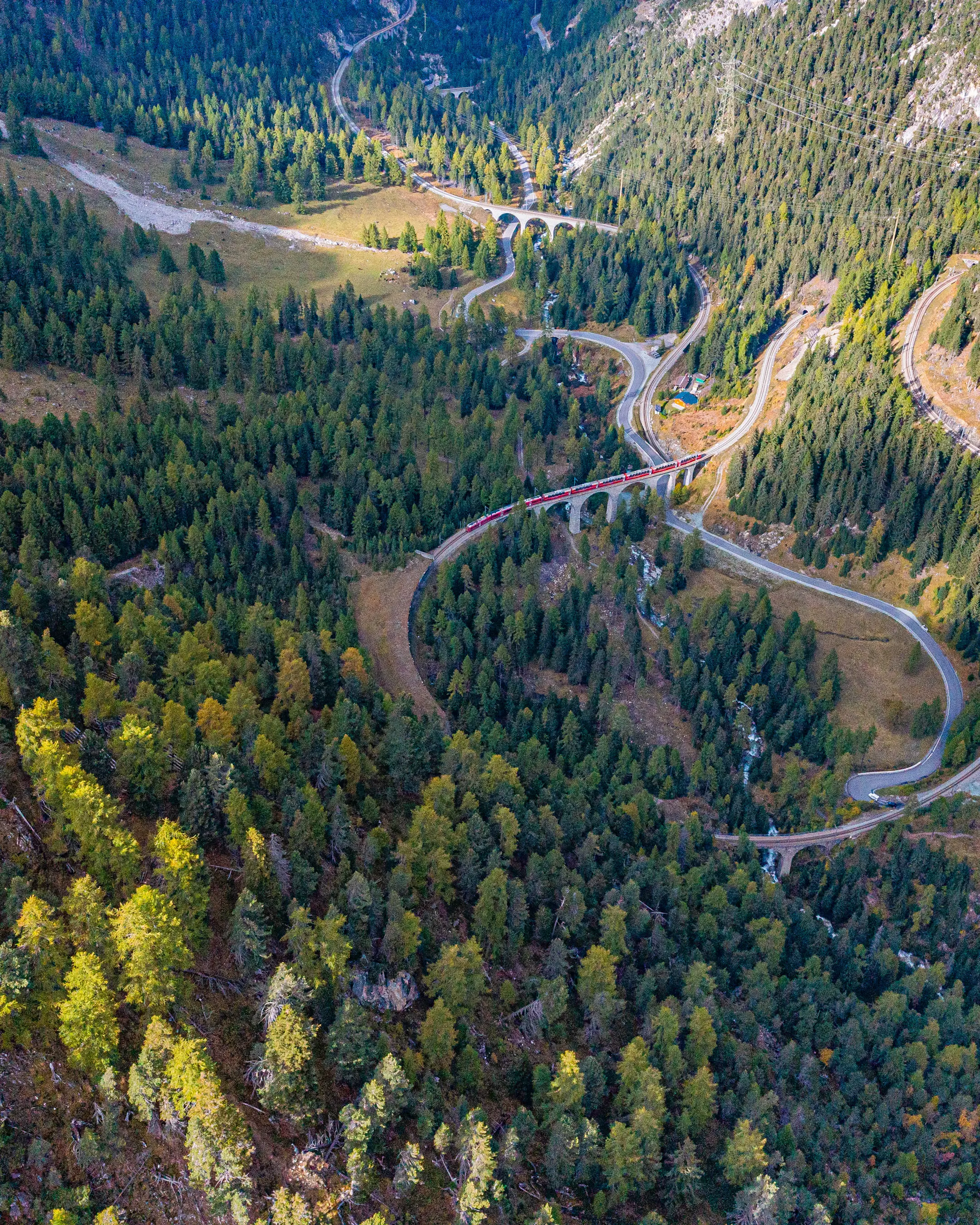Luftaufnahme einer spektakulären Bahnstrecke, die sich in eleganten Kurven und Tunneln durch ein bewaldetes Tal windet.