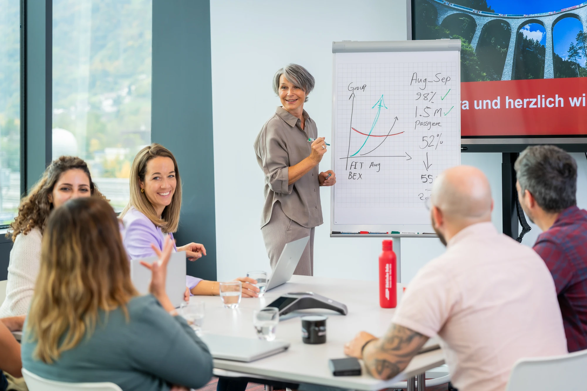 Frau an einem Meeting vor einem Flipchart