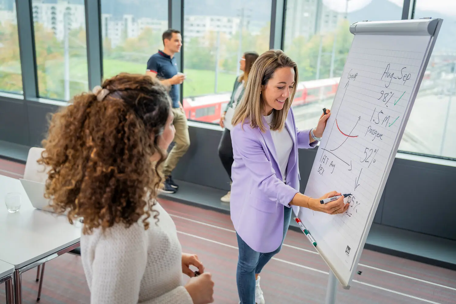 Employee at a flipchart with colleague