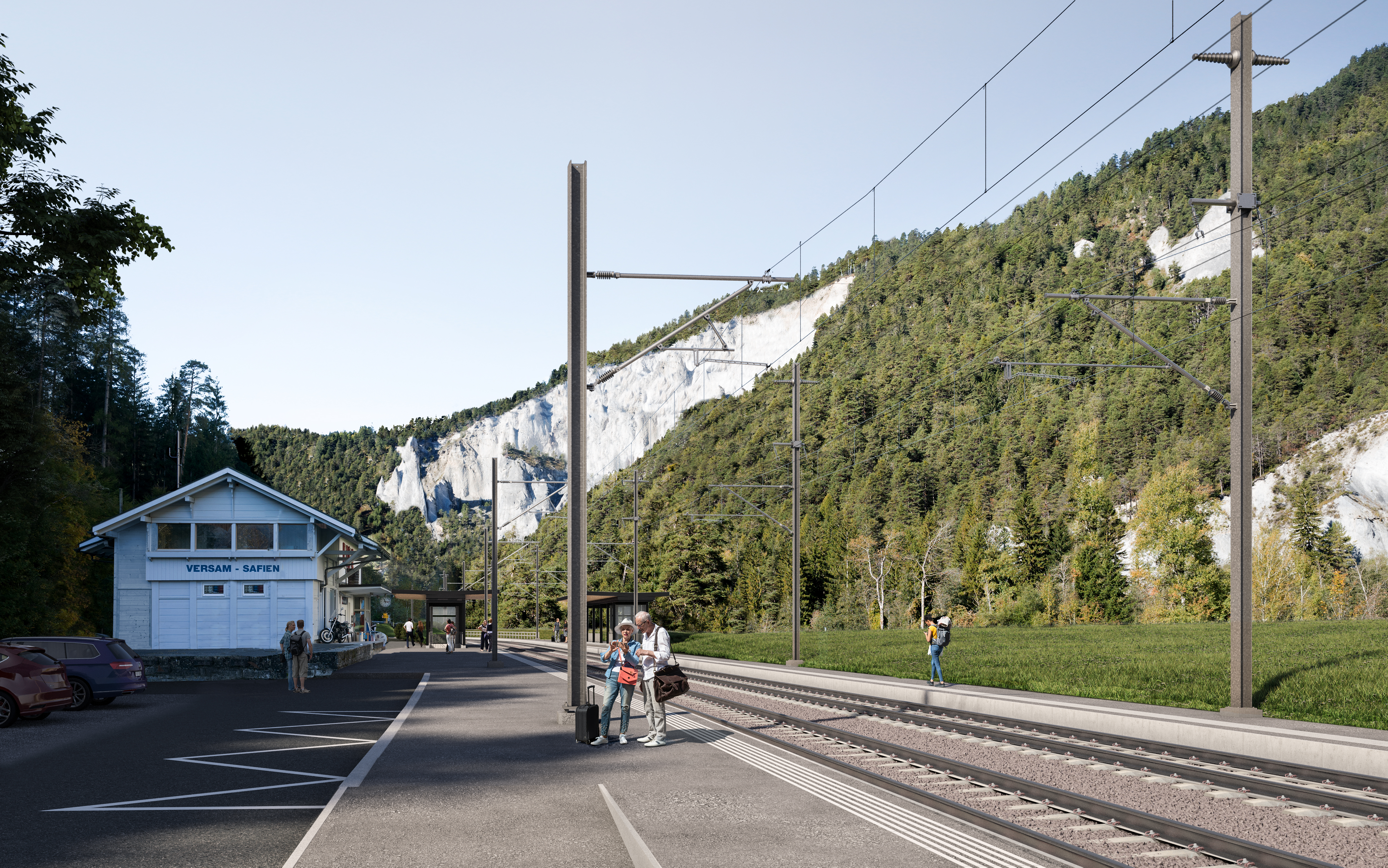 Visualisierung der neuen Perronanlagen des Bahnhofs Versam-Safien.