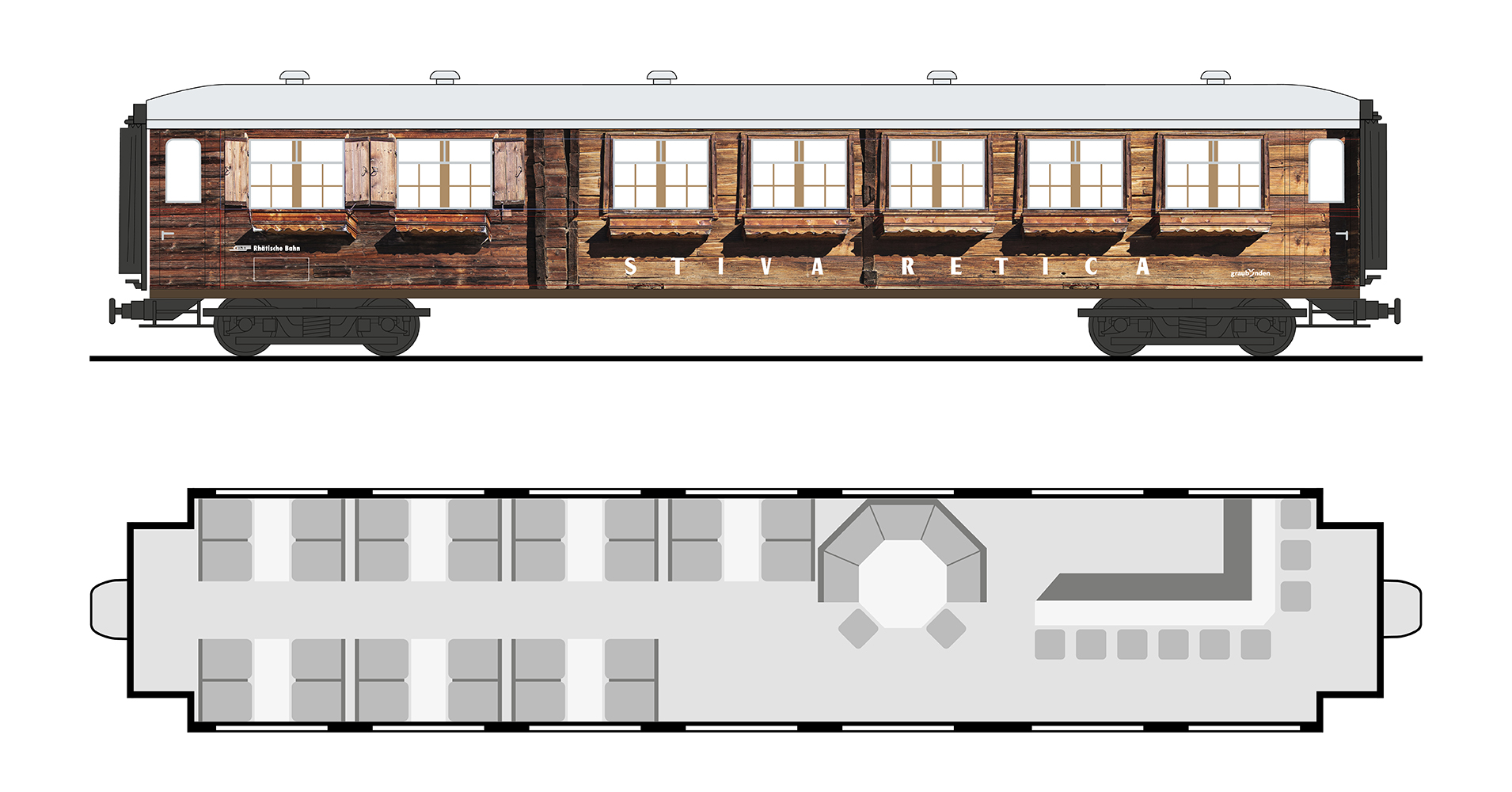 Sitzplatzanordnung und Aussenansicht von der Stiva Retica