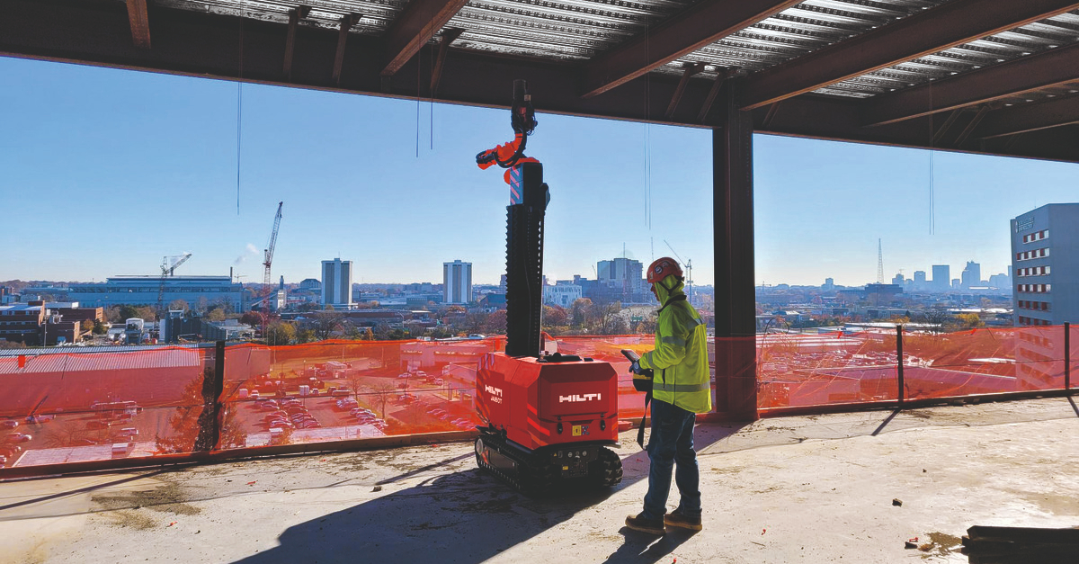 Semi-autonomous ceiling drilling robot with integrated dust collection and marking system.