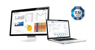 Desktop- und Laptop-Bildschirme mit Janitza-Energiemanagement-Software und TÜV SÜD-Zertifikat-Logo