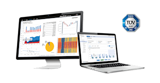 Desktop- und Laptop-Bildschirme mit Janitza-Energiemanagement-Software und TÜV SÜD-Zertifikat-Logo