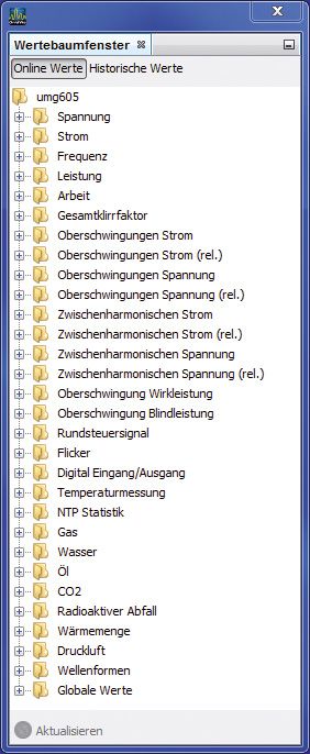 Messen-Berechnen-Speichern-Wertebaumfenster Onlinewerte