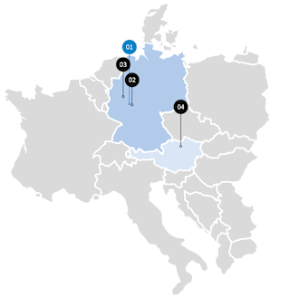 Karte mit Standorten in Deutschland markiert mit den Nummern 01, 02, 03 und 04.