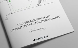 Whitepaper von Janitza mit dem Titel 'Universalwerkzeug Differenzstromüberwachung', dargestellt mit technischem Diagramm und schlichter Gestaltung.