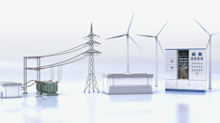 3D illustration of energy infrastructure with wind turbines, high voltage pylon, transformer station and switchboard cabinet for energy distribution.