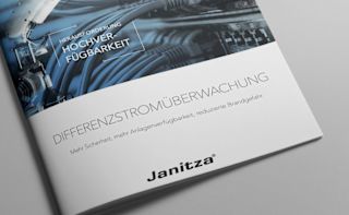 Janitza product brochure focused on residual current monitoring, high-resolution cable illustration, and text emphasizing enhanced safety and reduced fire risks.