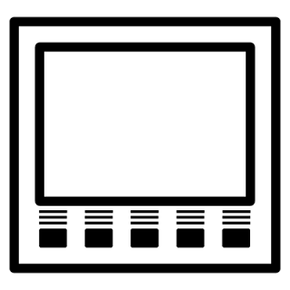 Simple black and white icon of a UMG screen with five buttons or controls below it.