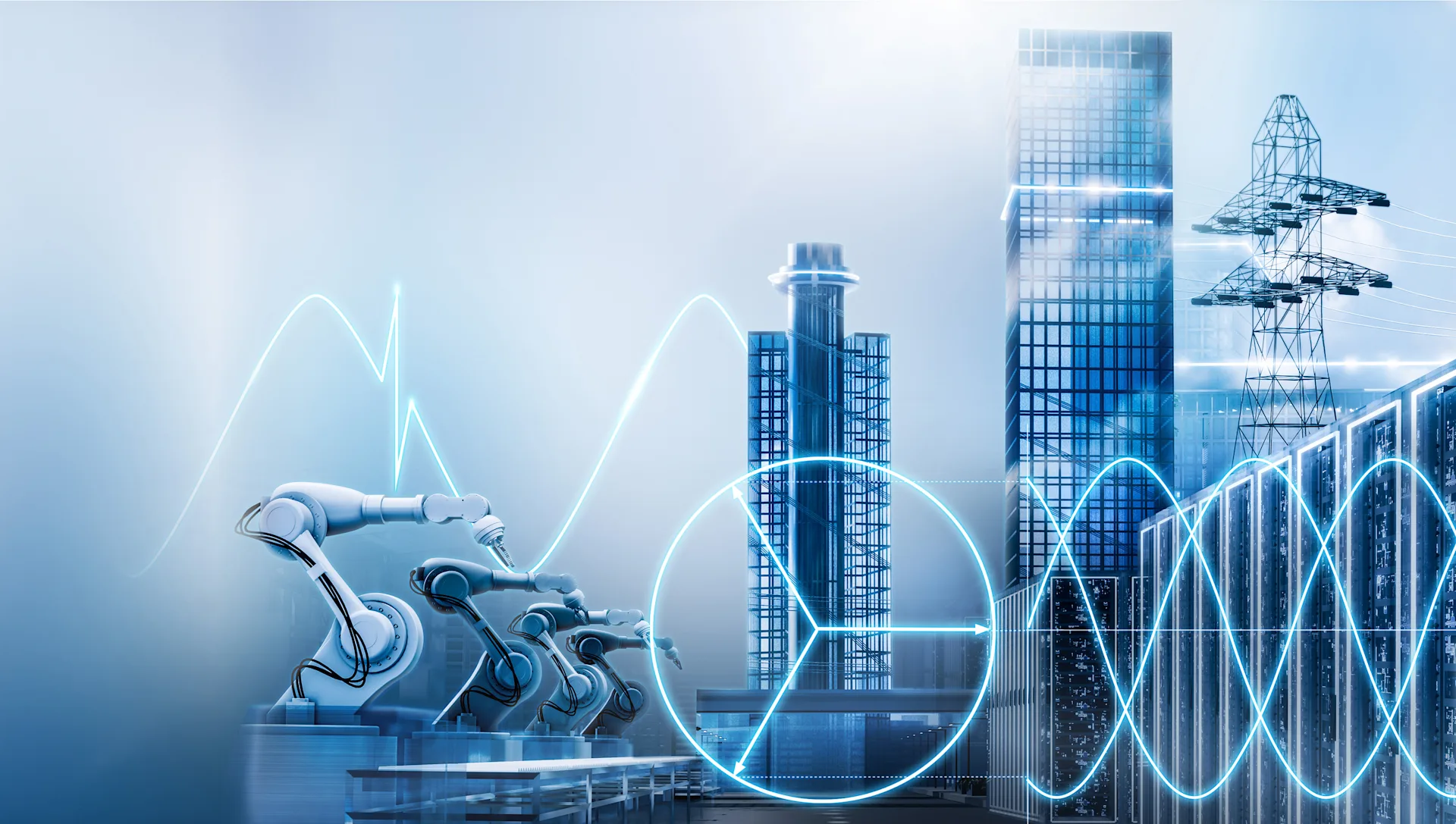 Visuelle Darstellung von den Branchen Industrie, Gebäude & Infrastruktur, EVU und Rechenzentren in Form von Roboterarm, Hochaus, Strommast und Schaltschränken