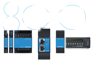 Representación de los módulos de comunicación UMG 800 de Janitza con componentes modulares y un símbolo de infinito