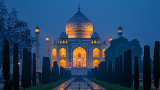 Taj Mahal al anochecer, iluminado y rodeado de jardines bien cuidados