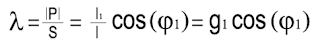 Formel zur Berechnung des Leistungsfaktors λ unter Einbeziehung von cos(φ1).