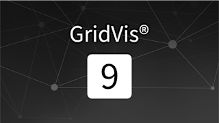 GridVis® 9 logo on a black background with network structure.