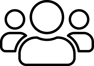 Simple black outline icon of three people, with a larger figure in the center and two smaller figures on either side.