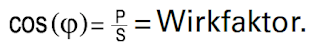 Formula for calculating the power factor with cos(φ) as the ratio of P to S.