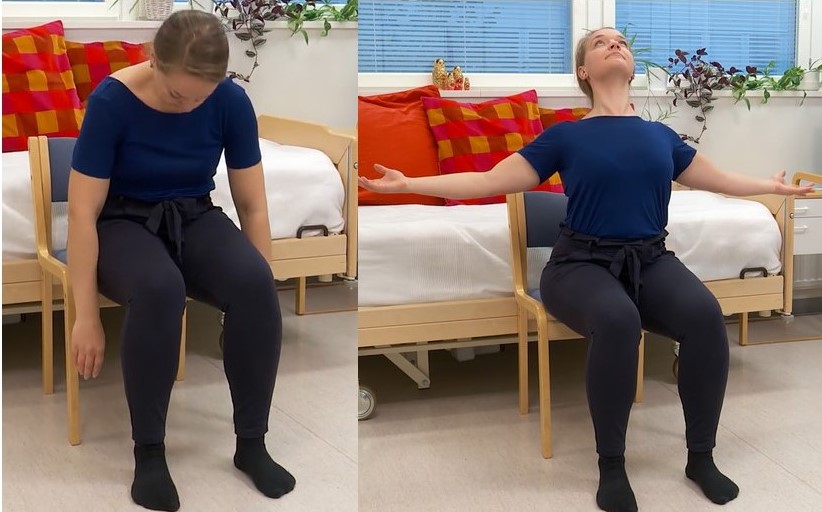 En kvinna sitter och runda sin överkropp framåt. Kvinna sitter och sträcker ut ryggen bakåt.