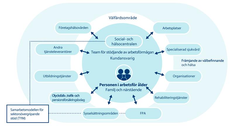 En person i arbetsför ålder kan få stöd för arbetsförmågan bland annat via arbetsplatsen, hälso- och sjukvården, FPA, arbetsförmedlingen eller tredje sektorn.
