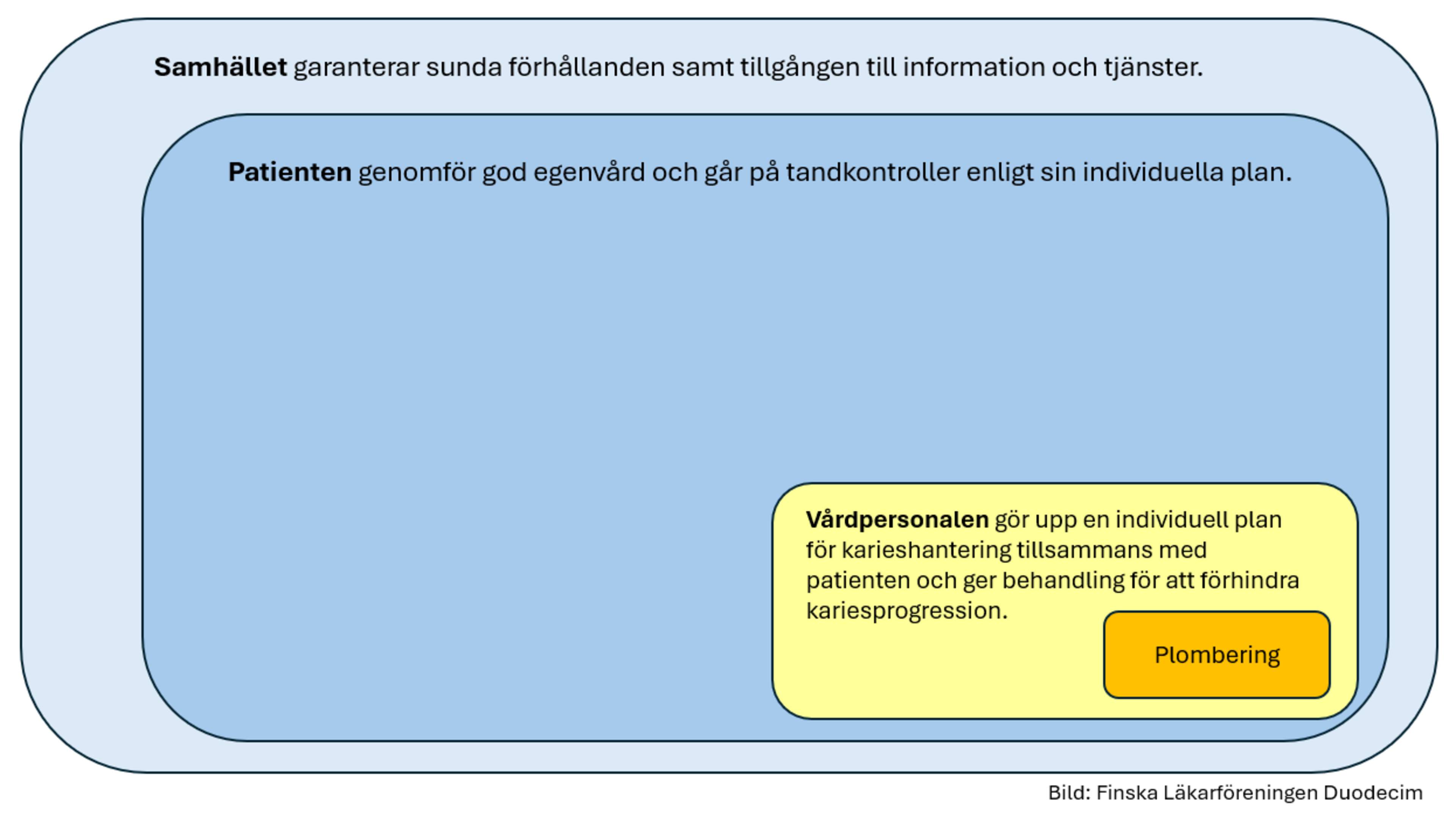 Bilden visar hur plombering endast utgör liten del av kariesbehandlingen. Helheten omfattar samhällets roll, patientens egenvård samt en individuell hanteringsplan som utarbetats av en yrkesutbildad person.