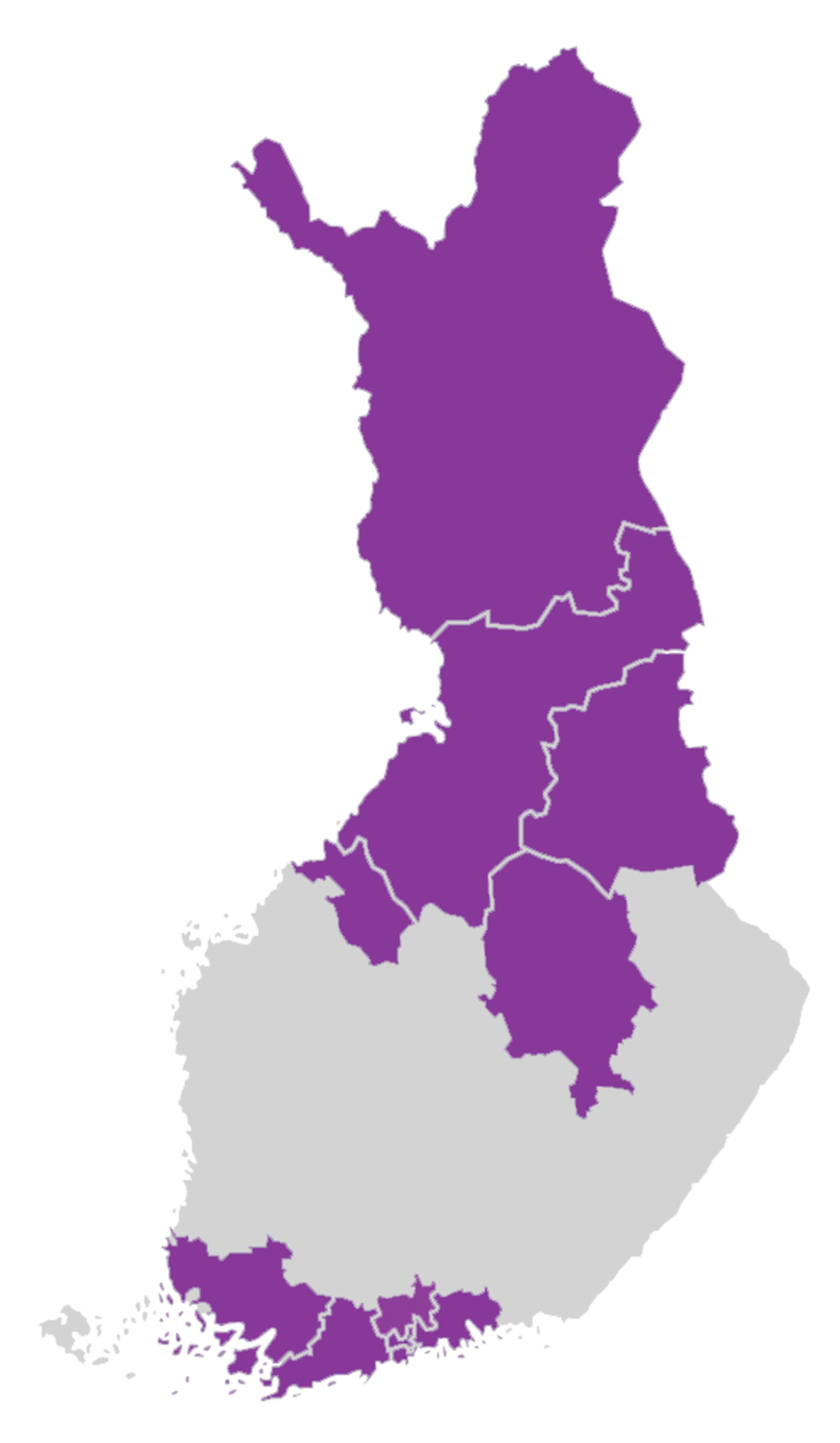 Suomen kartta, jossa on väritettynä ne hyvinvointialueet ja organisaatiot, jotka käyttävät Terveyskylää osana palveluketjujaan.