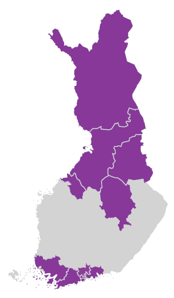 A map of Finland highlighting in purple the wellbeing services counties and organizations that use Health Village as part of their service chain.