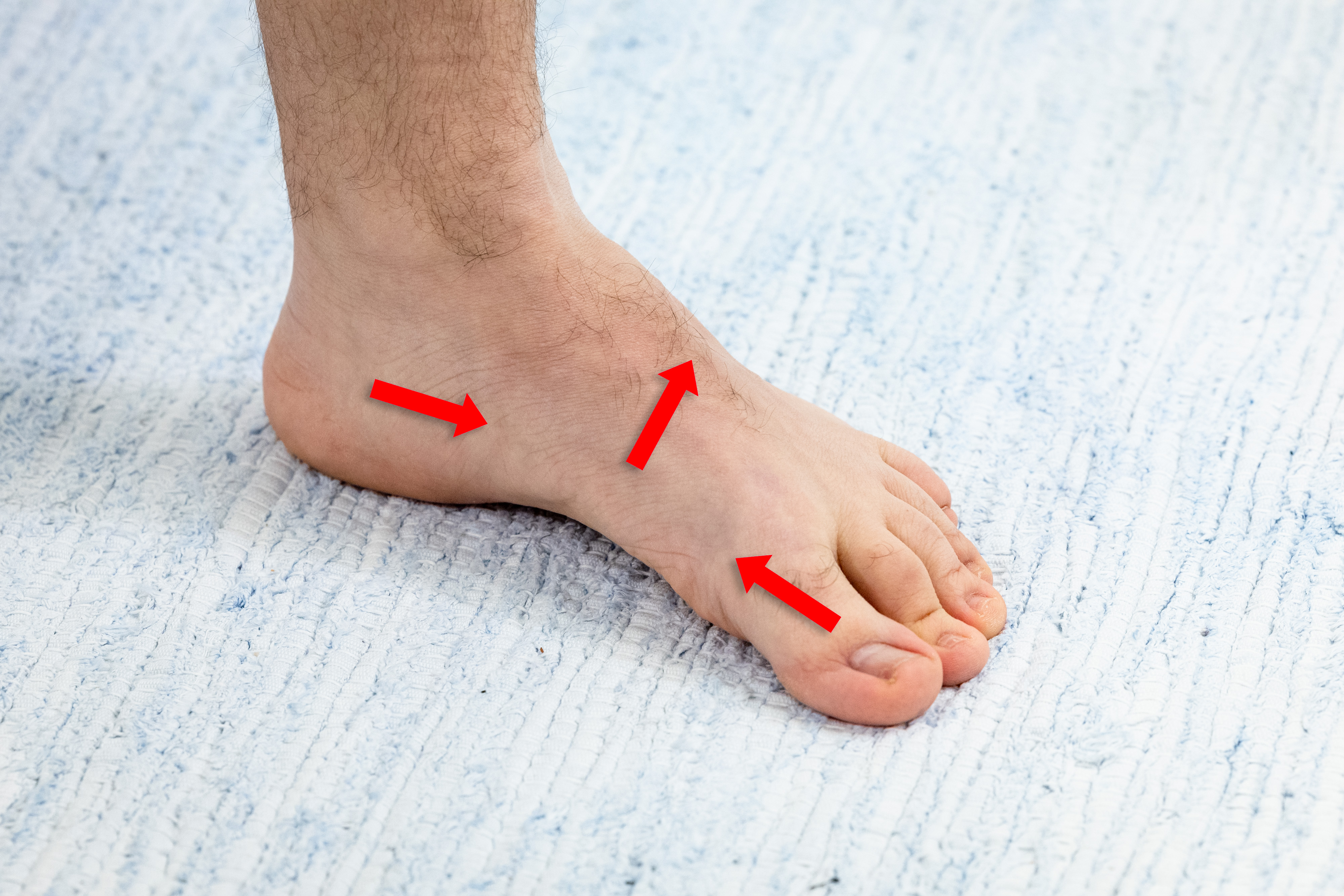 Miehen paljas jalkapohja on lattialla maton päällä. Mies nostaa jalkaholvia ylöspäin, varpaat pysyvät suorina ja kiinni lattiassa. 