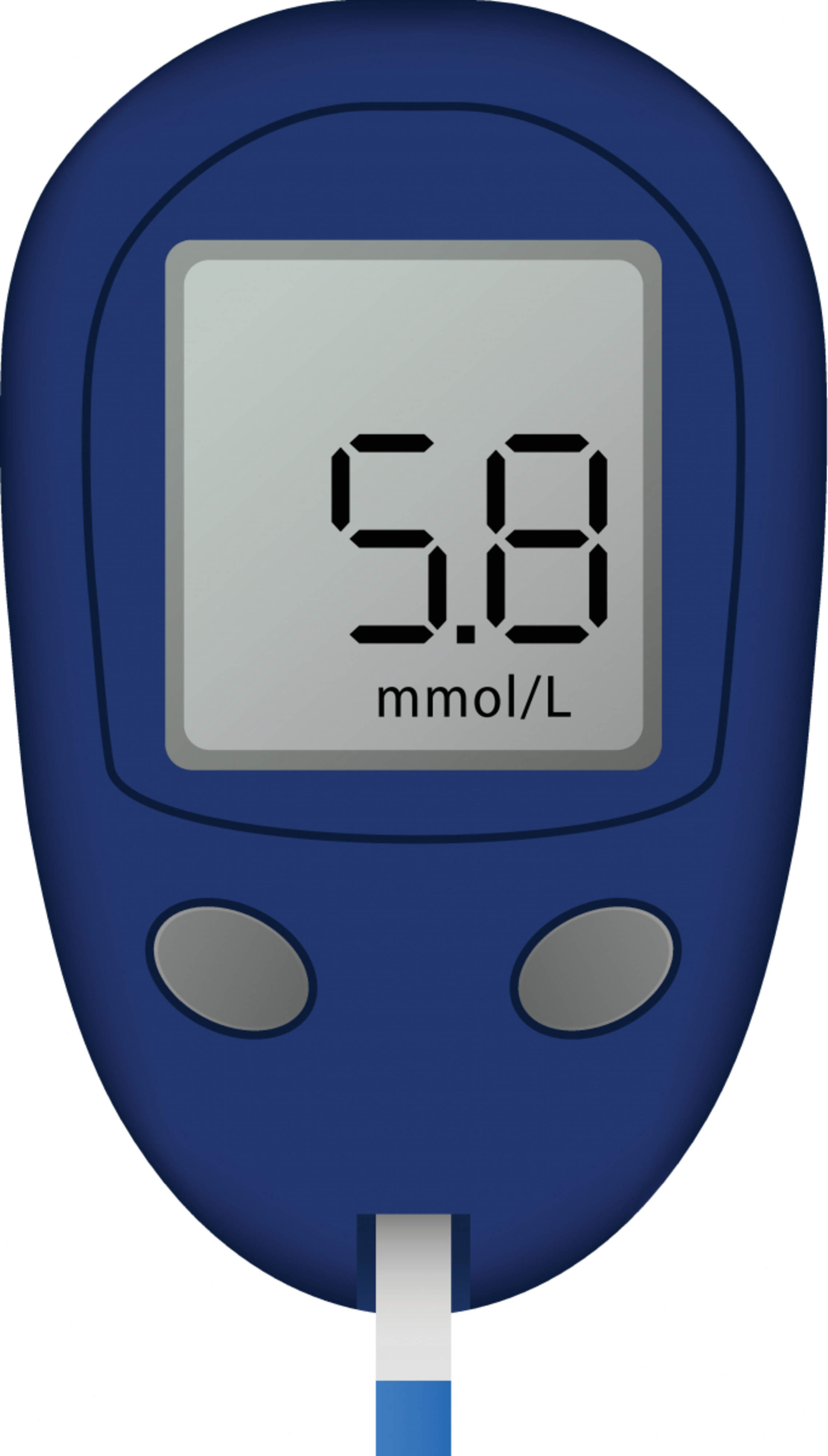 Bilden visar en blå blodsockermätare med en remsa och en siffra på 5.8 mmol/liter på skärmen.