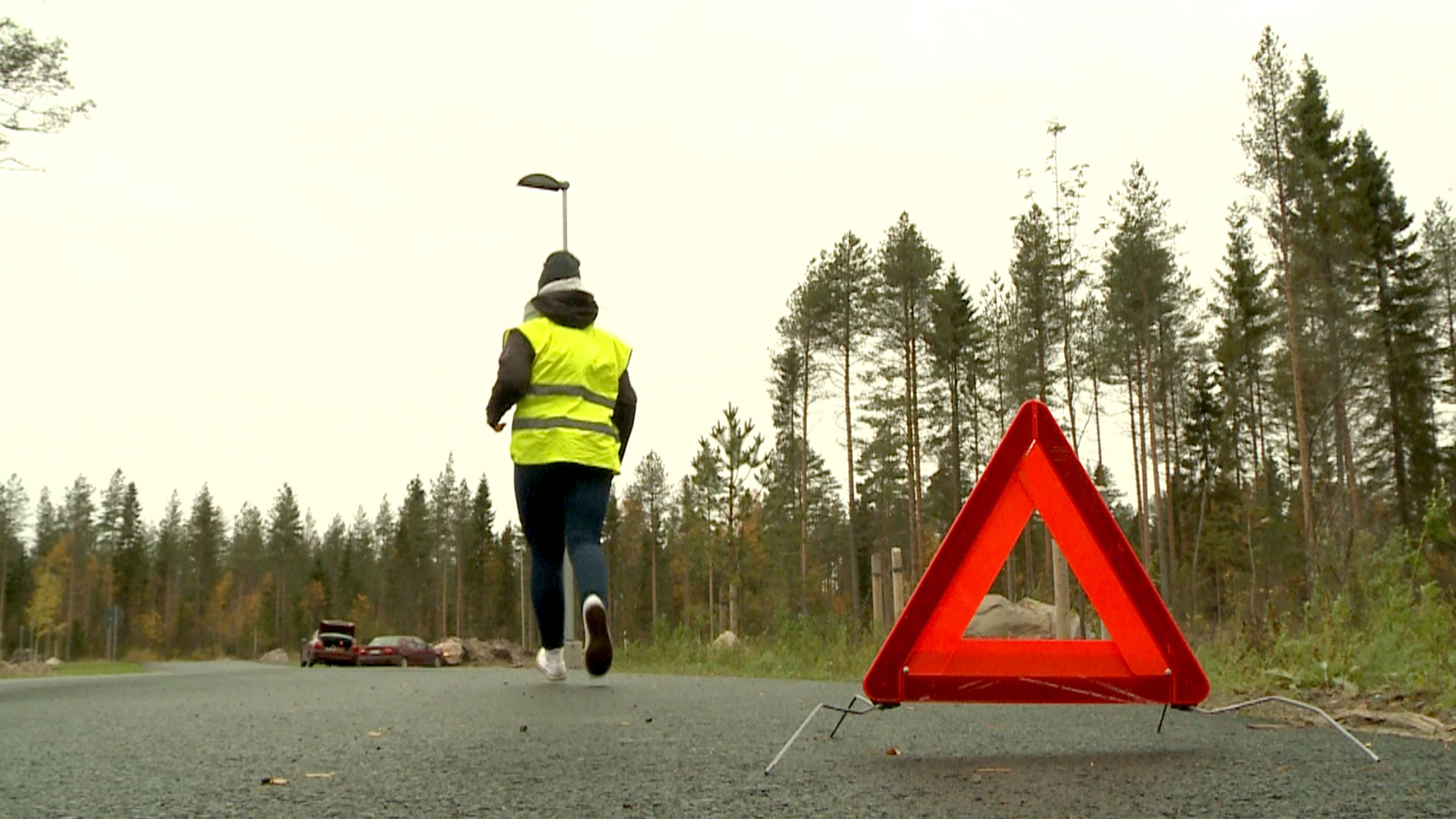 A helper has placed a warning triangle on the road side to prevent any further accidents. The helper is also wearing a high-visibility vest.