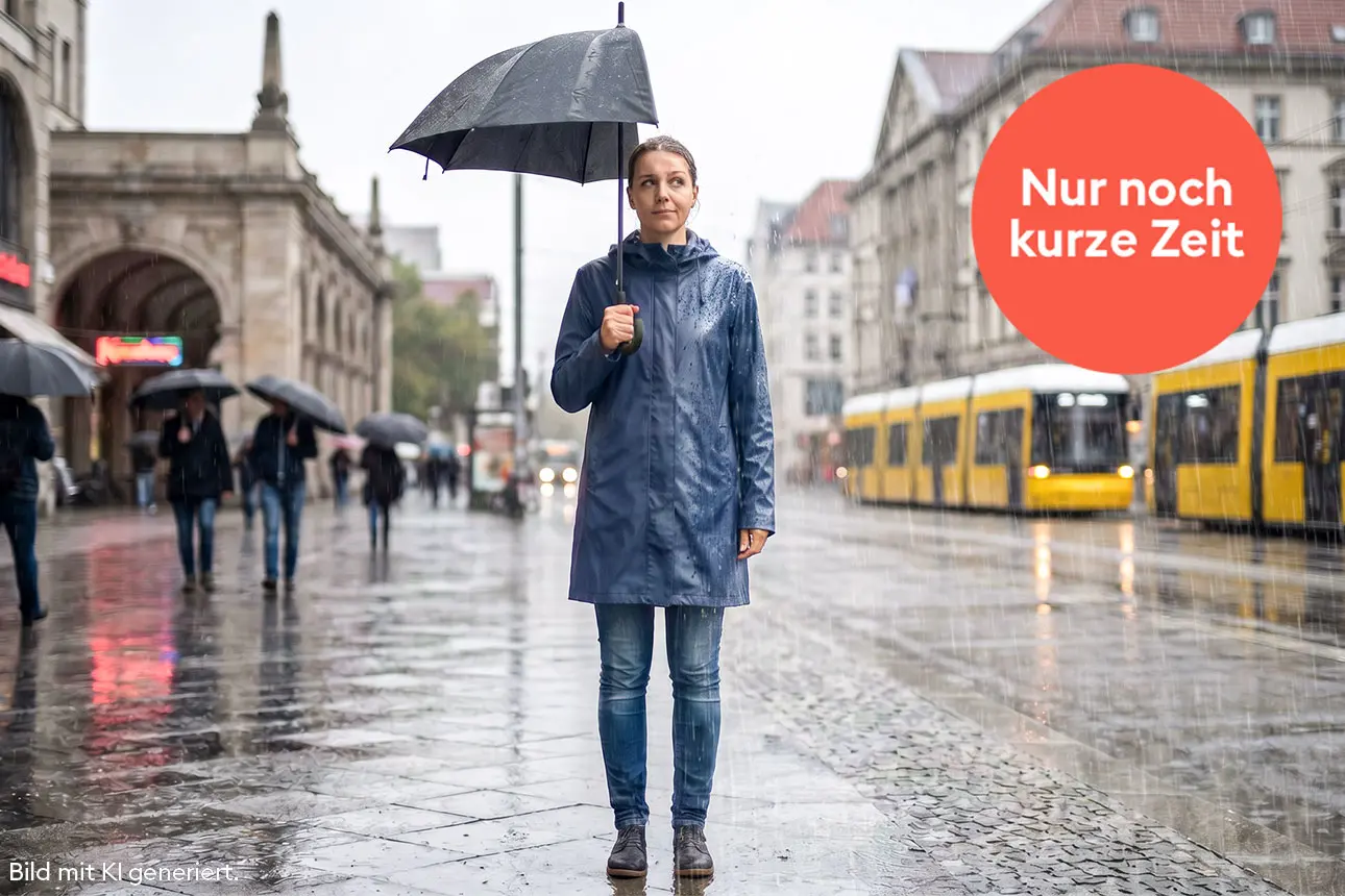 Frau mit halbem Regenschirm im Regen. Bild mit KI generiert.