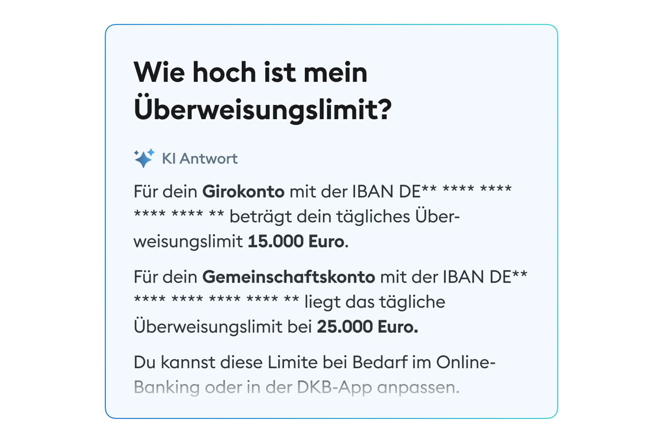 Der KI Support hilft dir zum Beispiel bei Fragen zu deinem Überweisungslimit