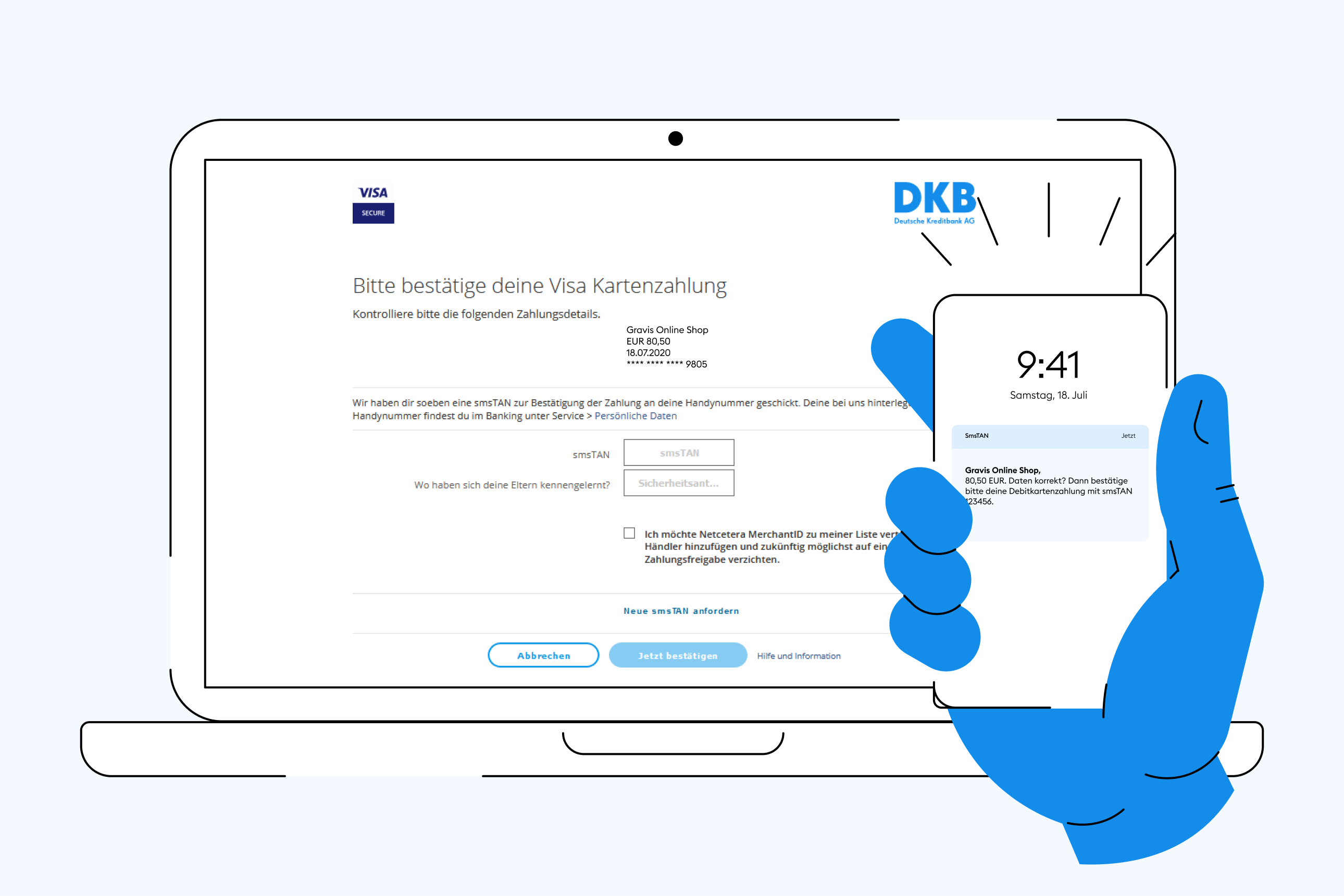 Illustration eines Laptops, auf dessen Bildschirm die Bestätigungsseite von Visa Secure zu sehen ist. Rechts vor dem Laptop hält eine Hand ein Smartphone mit der smsTAN.