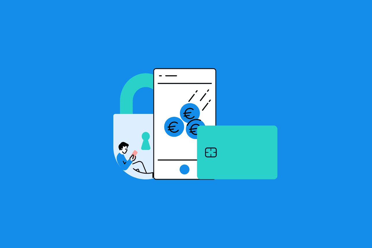 Die Illustration zeigt ein Handy mit einer Bankkarte und ein Schloss