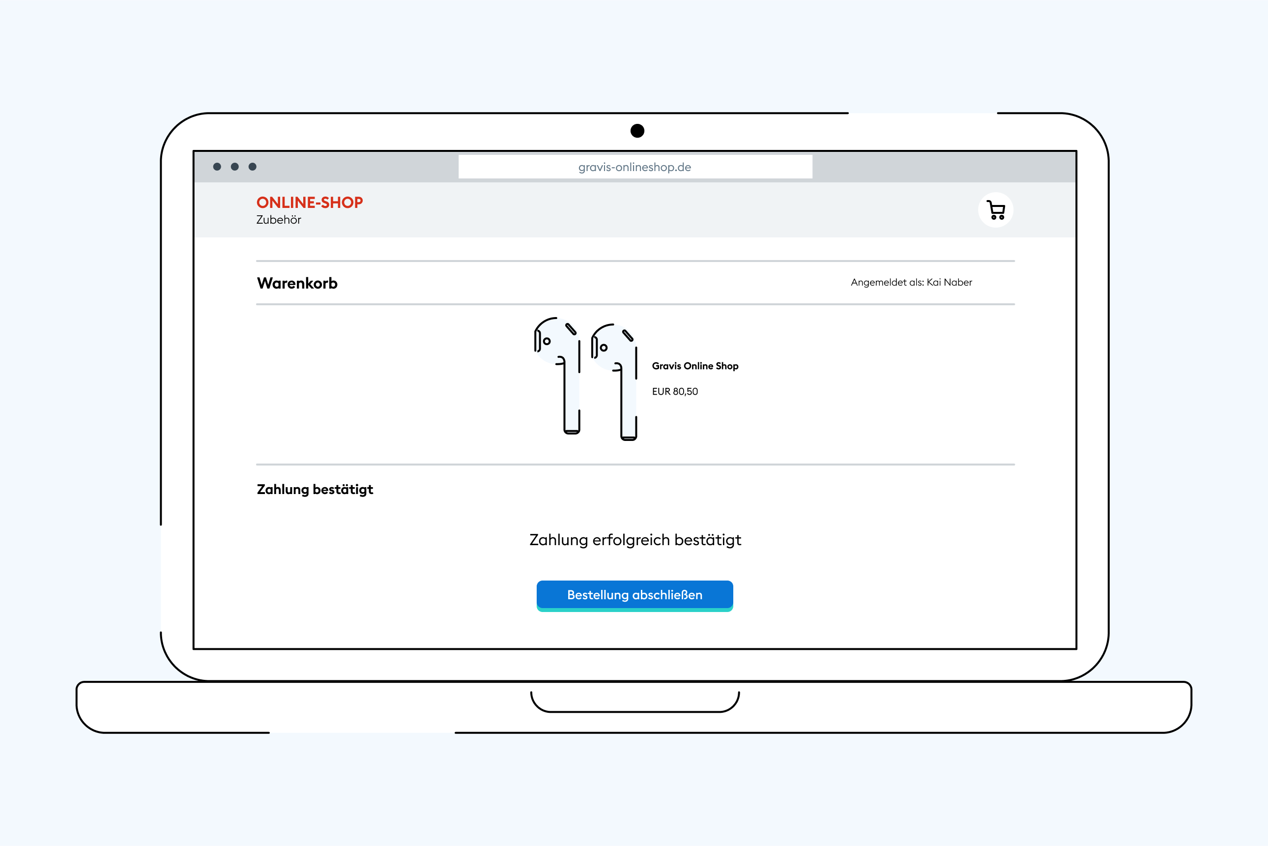 Illustration eines Laptops, auf dessen Bildschirm der erfolgreiche Abschluss des Kaufvorgangs von Apple AirPods zu sehen ist. 