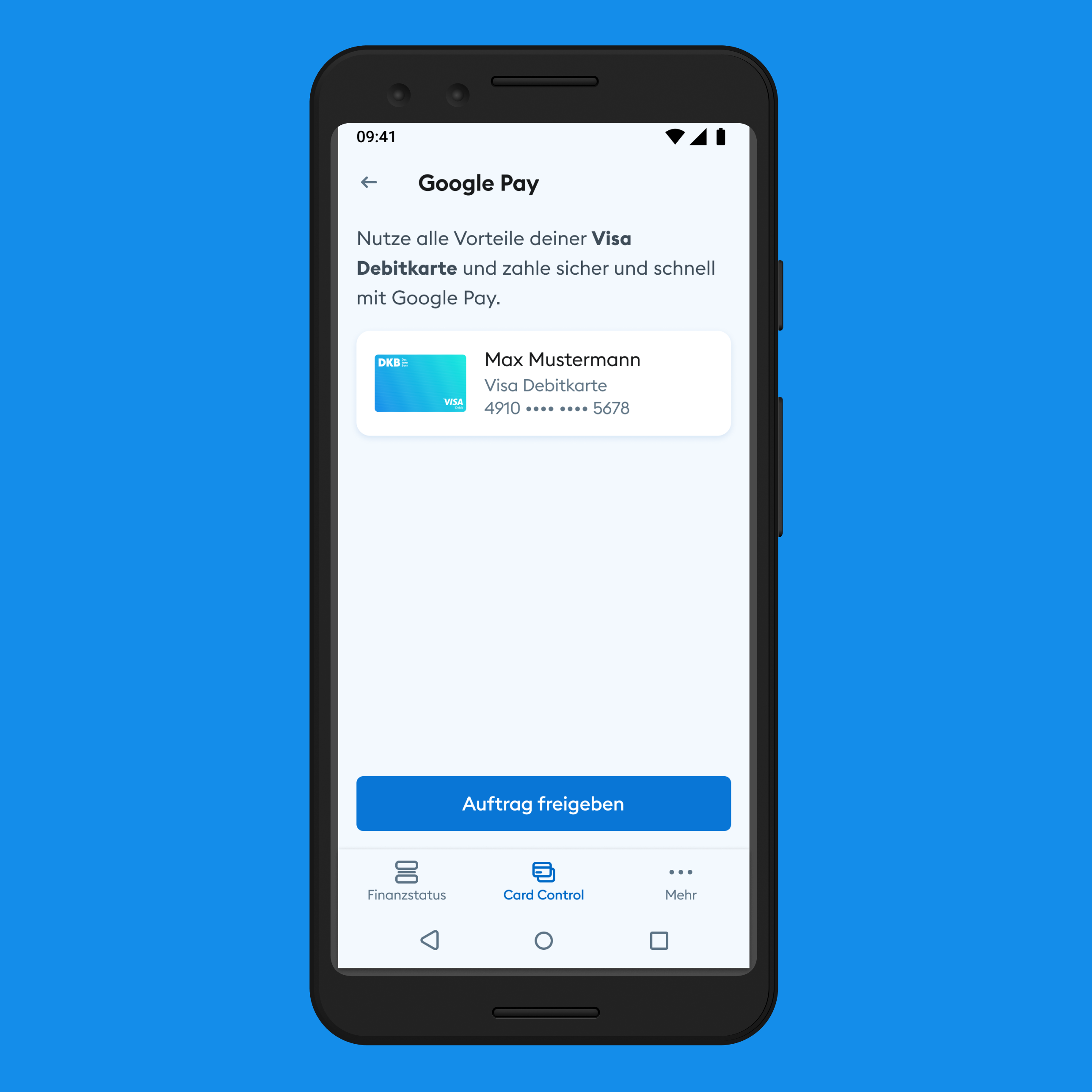 Smartphone zeigt die Card Control Einstellung in der DKB App, in der die Visa Debitkarte für Google Pay ausgewählt wurde.