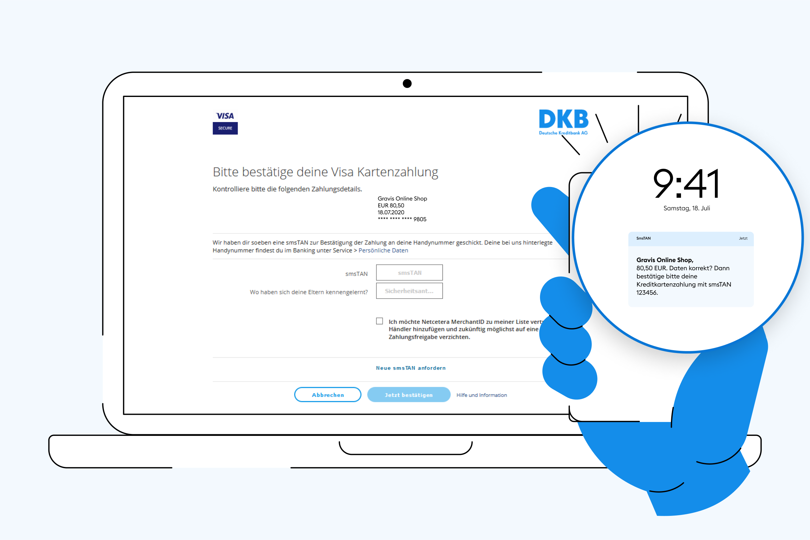 Illustration eines Laptops, dessen Bildschirm die Bestätigungsseite von Visa Secure zeigt. Rechts vor dem Laptop hält eine Hand ein Smartphone mit vergrößerter der smsTAN.