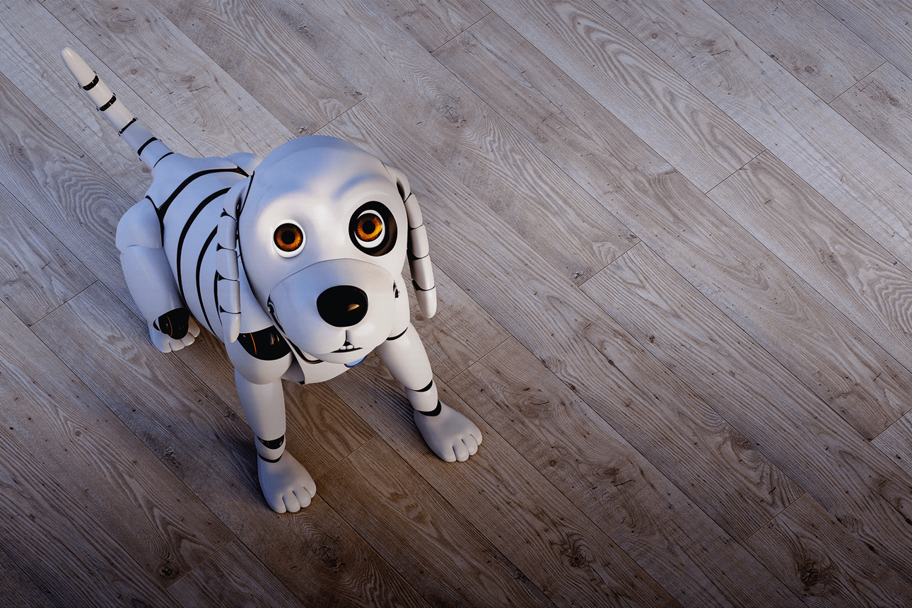 Roboterhund auf Holzboden als Symbol für Technologie